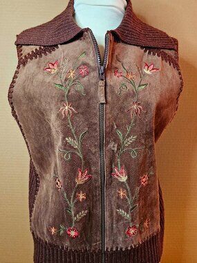 VTG Designers Studio Originals Leather & Knit Floral Embroidered Vest - Small